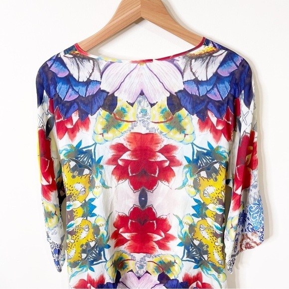 Johnny Was Floral Multicolor Flash Tie 3/4-Sleeve Printed Tunic Top Small NWT - Picture 7 of 8